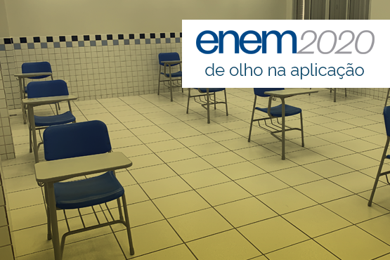 Exemplo de sala de aplicação do Enem 2020 em Brasília, com espaçamento entre carteiras. Crédito: Inep