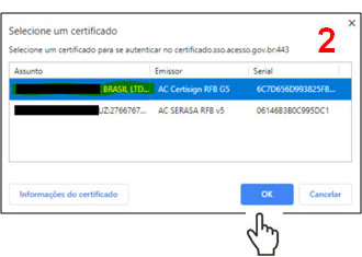 Tela de seleção de certificado para autenticação do acesso Gov.br