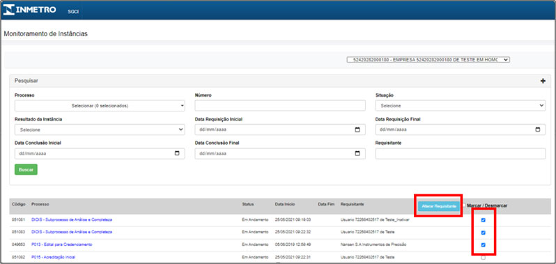 Tela Monitoramento de Instâncias com destaque para a opção Alterar Requisitante