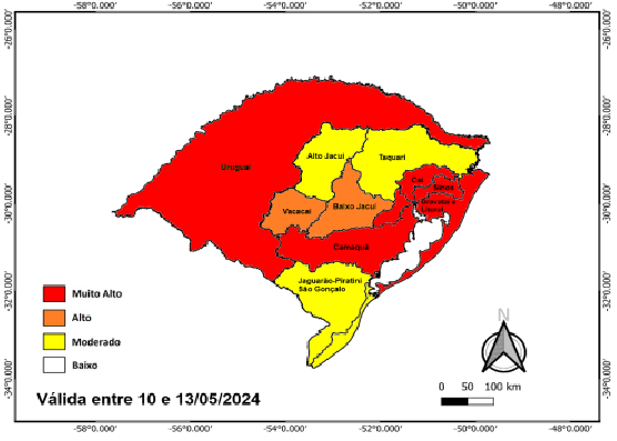 Figura 1 - Probabilidade de ocorrência de eventos hidrológicos em ao menosum município das bacias hidrográficas indicadas. Este mapa é elaborado poruma equipe multidisciplinar, levando em consideração os cenários de riscoshidrológicos atuais somados à previsão de chuva.