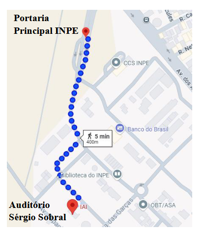 Mapa mostrando o caminho da Portaria do INPE até o Auditório Sérgio Sobral