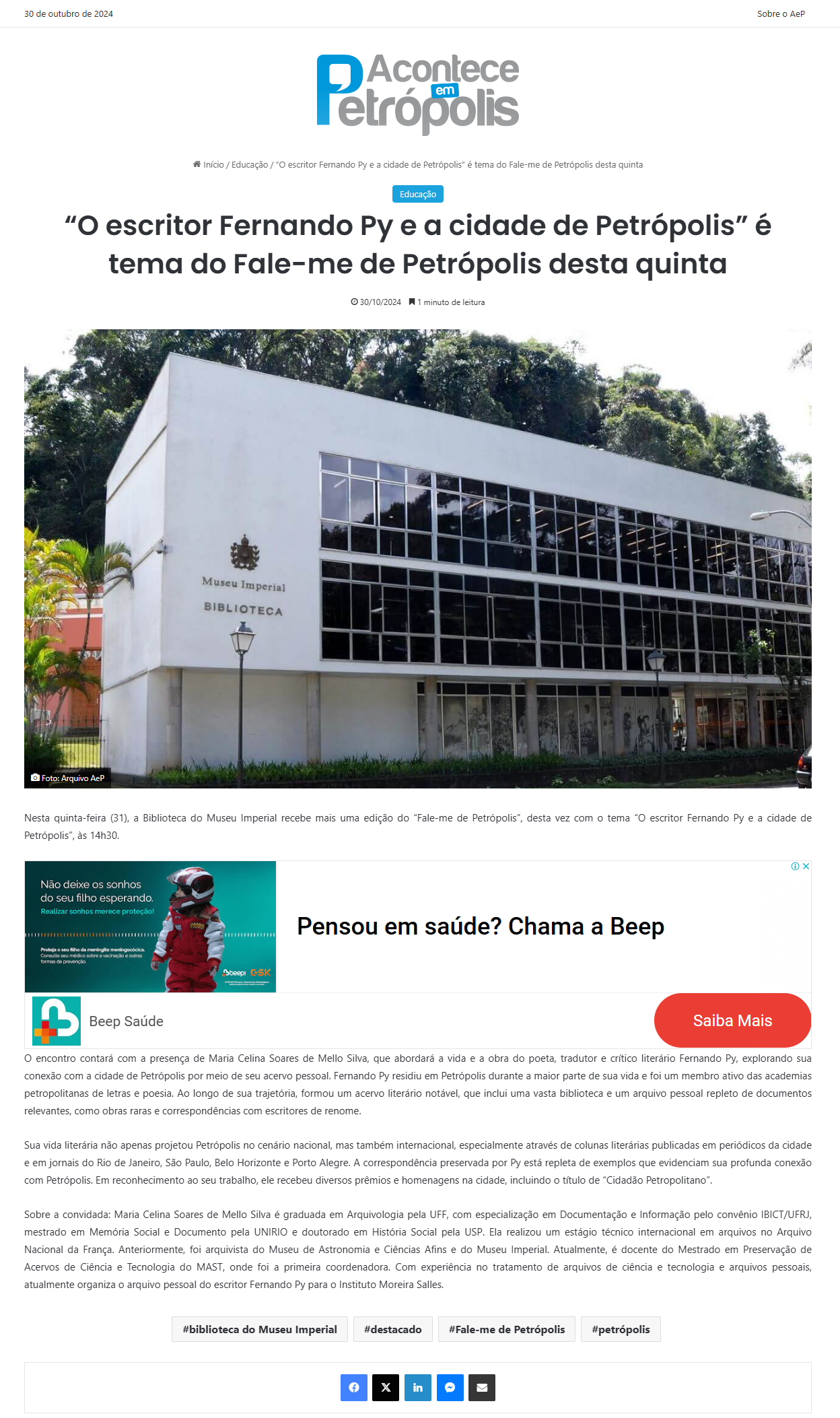 "O escritor Fernando Py e a cidade de Petrópolis" é tema do Fale-me de Petrópolis desta quinta