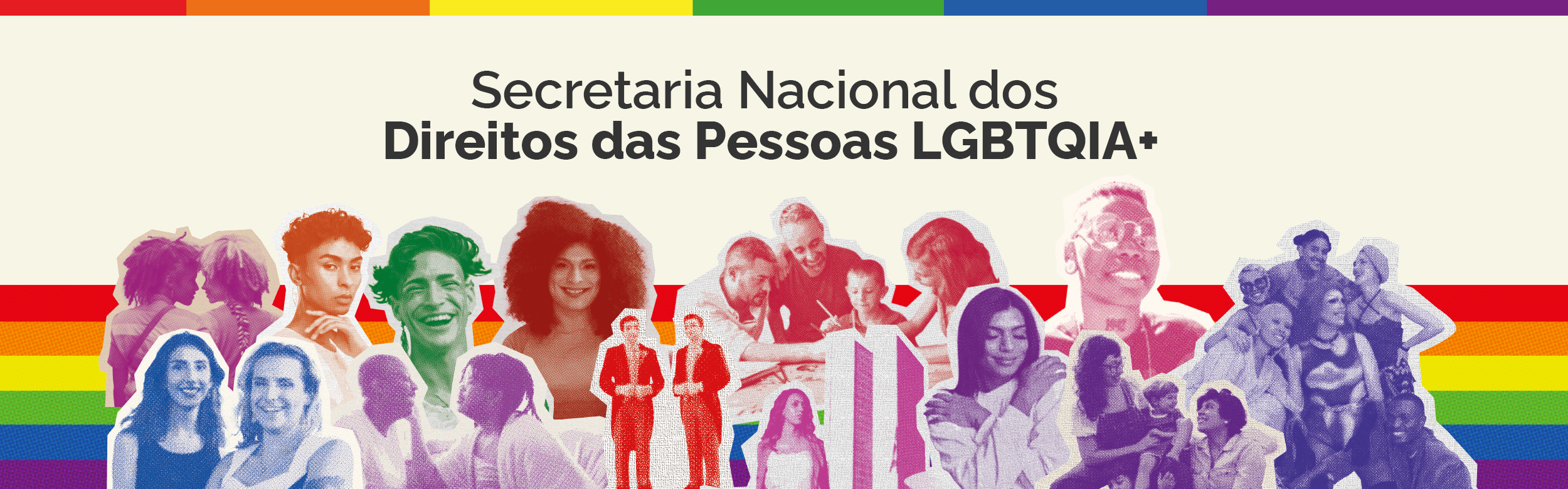 banner colorido em tons amarelo, vermelho. Ao centro temos imagens de pessoas trans. Texto da imagem: Secretaria Nacional dos Direitos das Pessoas LGBTQIA+