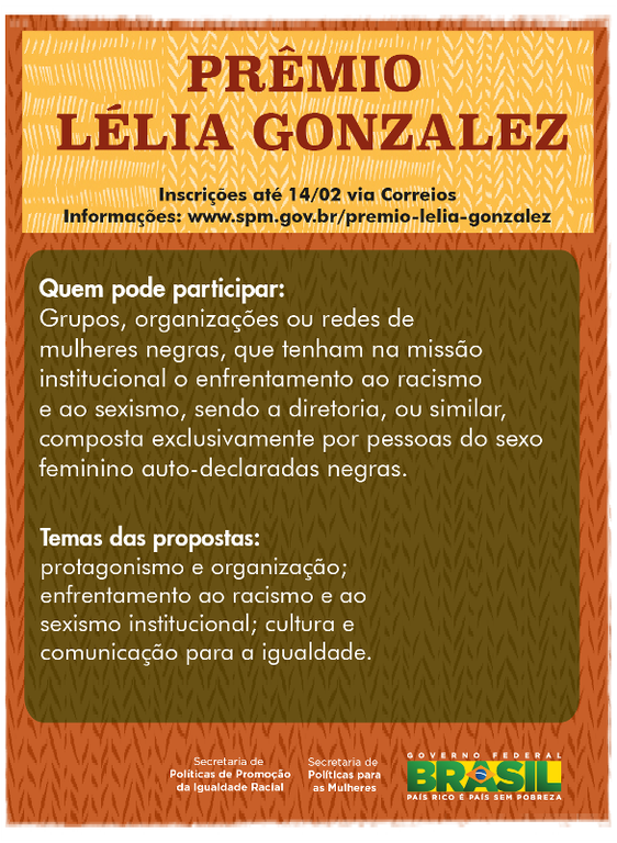 Inscrições ao Prêmio Lélia Gonzalez inscreve projetos se encerram nesta sexta (14)