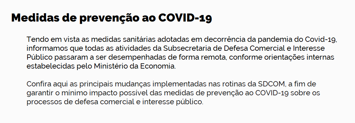 Impacto das medidas de prevenção ao COVID-19 nos processos de defesa comercial e interesse público