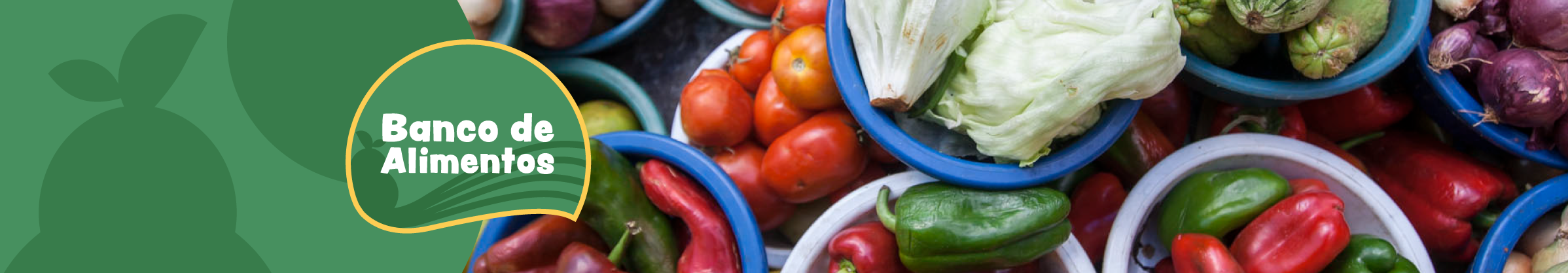 Banco de Alimentos: "Fotografia de uma cesta com alface, pimentões e tomates frescos em um mercado, com um fundo verde e o texto 'Banco de Alimentos' em destaque."