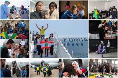 No mosaico, as várias engrenagens da operação do Governo Federal, com participação da embaixada brasileira em Beirute, da Força Nacional do SUS, de equipes da assistência social, da FAB, do Ministério da Justiça, da Polícia Federal, da Polícia Rodoviária Federal e de muito acolhimento. Fotos: Ricardo Stuckert / PR, Lyon Santos/MDS, Fotos: Rafael Nascimento/MS e MRE / Divulgação