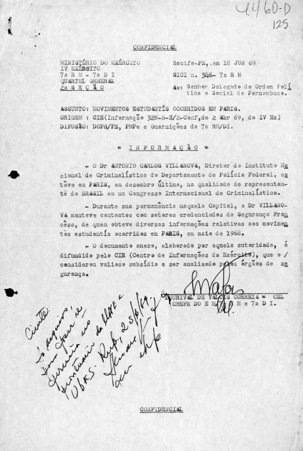 Documento do Exército, de junho de 1969, mostra que a ditadura brasileira trocou informações com o governo francês sobre a repressão do movimento estudantil