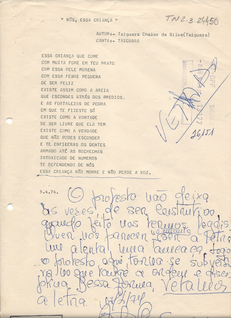 Composição “Nós, essa criança”, de Taiguara, censurada em abril de 1974
