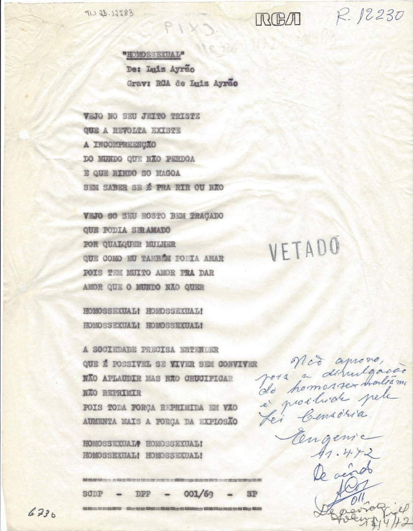 Composição "Homossexual", de Luiz Ayrão, censurada em abril de 1972