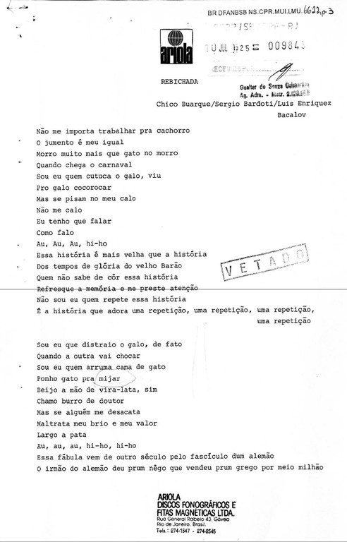 Letra da música Deus lhe Pague, de Chico Buarque, censurada em agosto de  1971