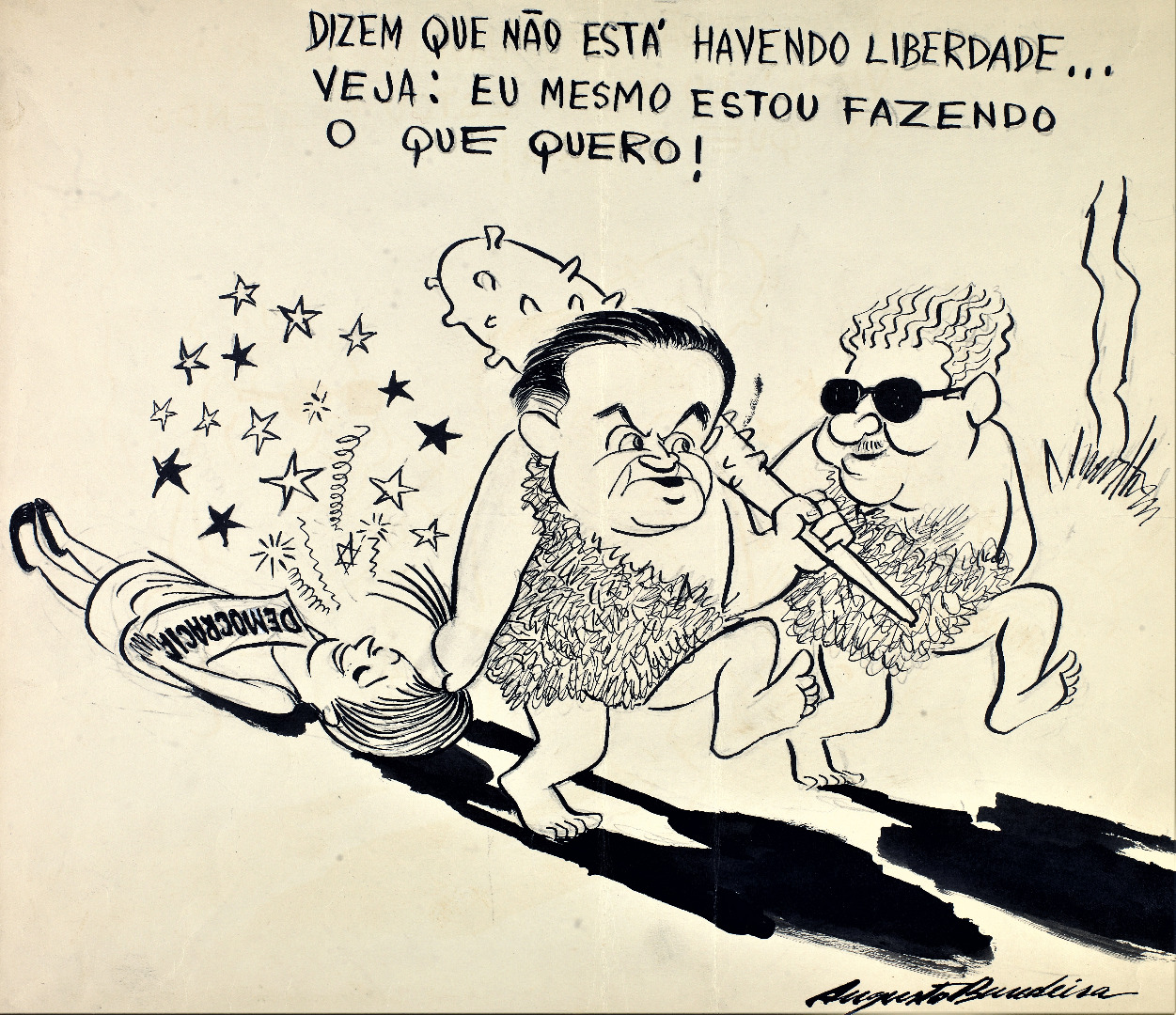 Charge de Augusto Bandeira de 1964 mostra o marechal Castelo Branco e o General Costa e Silva como homens da caverna agredindo a democracia