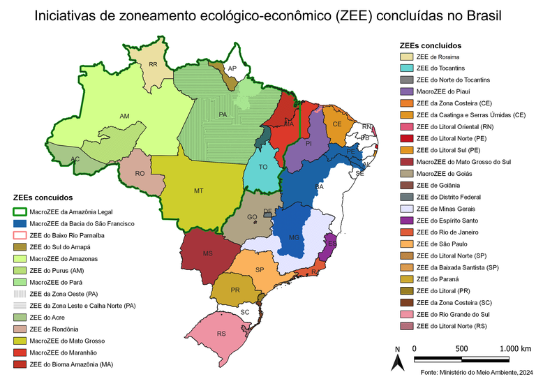 Iniciativas de zoneamento ecológico-econômico (ZEE) no território nacional.