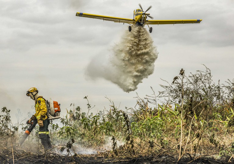 Brigadistas do Prevfogo/Ibama combatem incêndios florestais no Pantanal. Foto: Marcelo Camargo/Agência Brasil