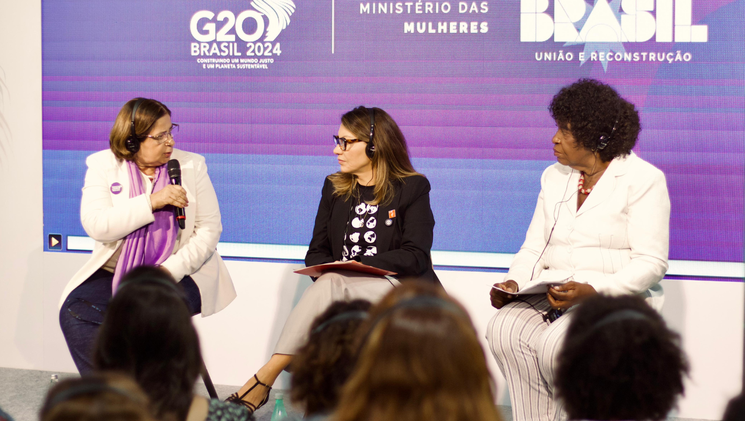 Evento do Ministério das Mulheres teve participações da ministra Cida Gonçalves, da primeira-dama, Janja Lula da Silva, da deputada federal Benedita da Silva e representantes do G20