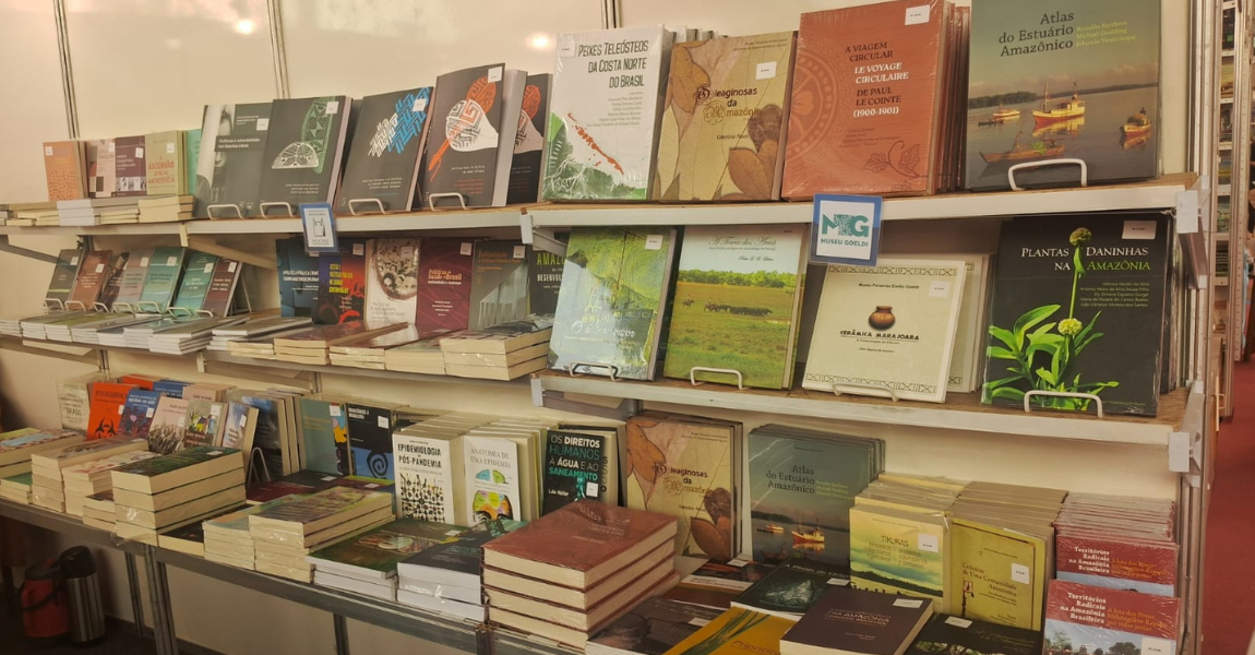 Três estantes exibem livros diversos, com capas coloridas e diferentes formatos, numa feira de livros