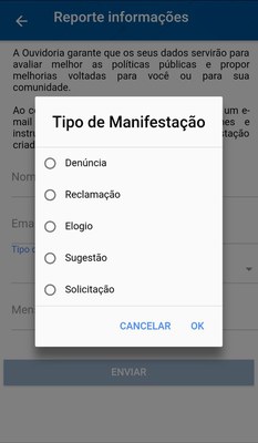 Tela do aplicativo Avançar - Tipos de manifestação