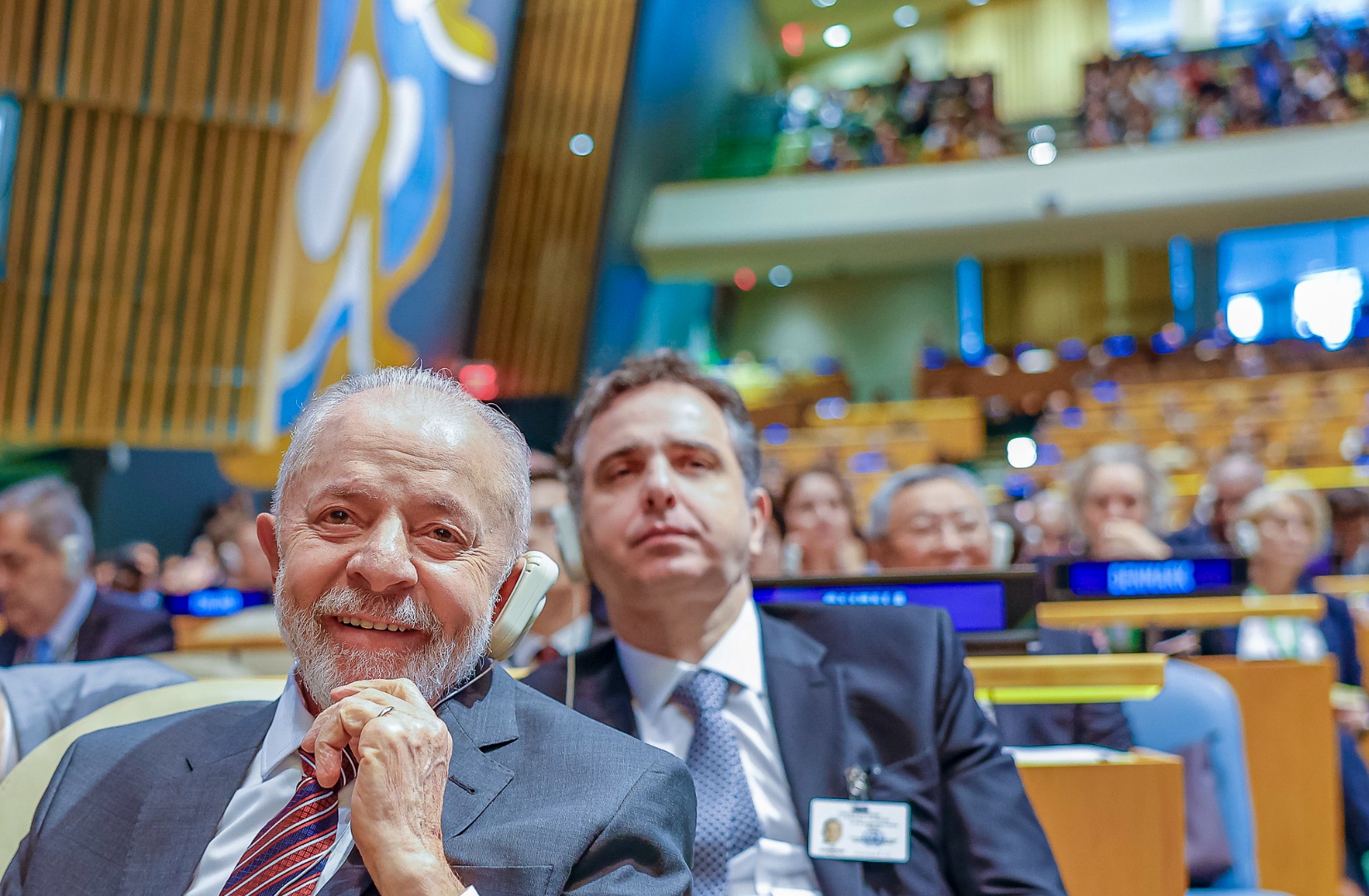 El Presidente de la República, Luiz Inácio Lula da Silva y el Presidente del Senado, Seandor Rodrigo Pacheco, durante la Sesión Inaugural de la Cumbre del Futuro, en el Salón de la Asamblea General de la Sede de las Naciones Unidas. Nueva York - Estados Unidos.