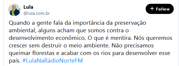 Postagem no perfil do presidente Lula em rede social