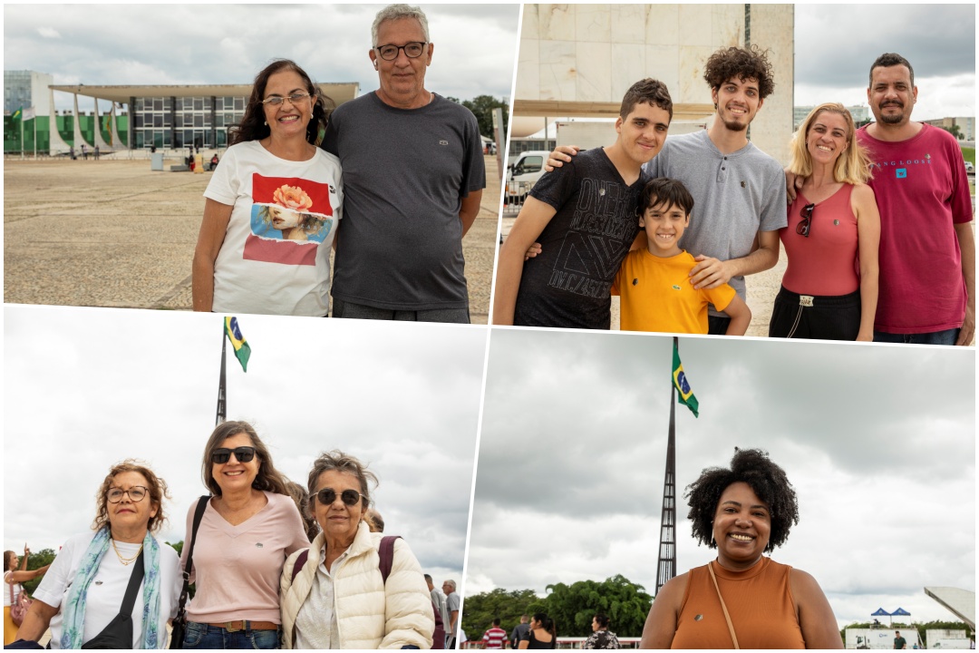 Marta e Júnior vieram de Goiânia. Os irmãos Enzo e Murilo trouxeram a família. Maria Maia, Marucia e Odulia chegaram juntas. Dandara reforçou o simbolismo da data. Todos pela democracia. Fotos: Vitor Vasconcelos / Secom / PR