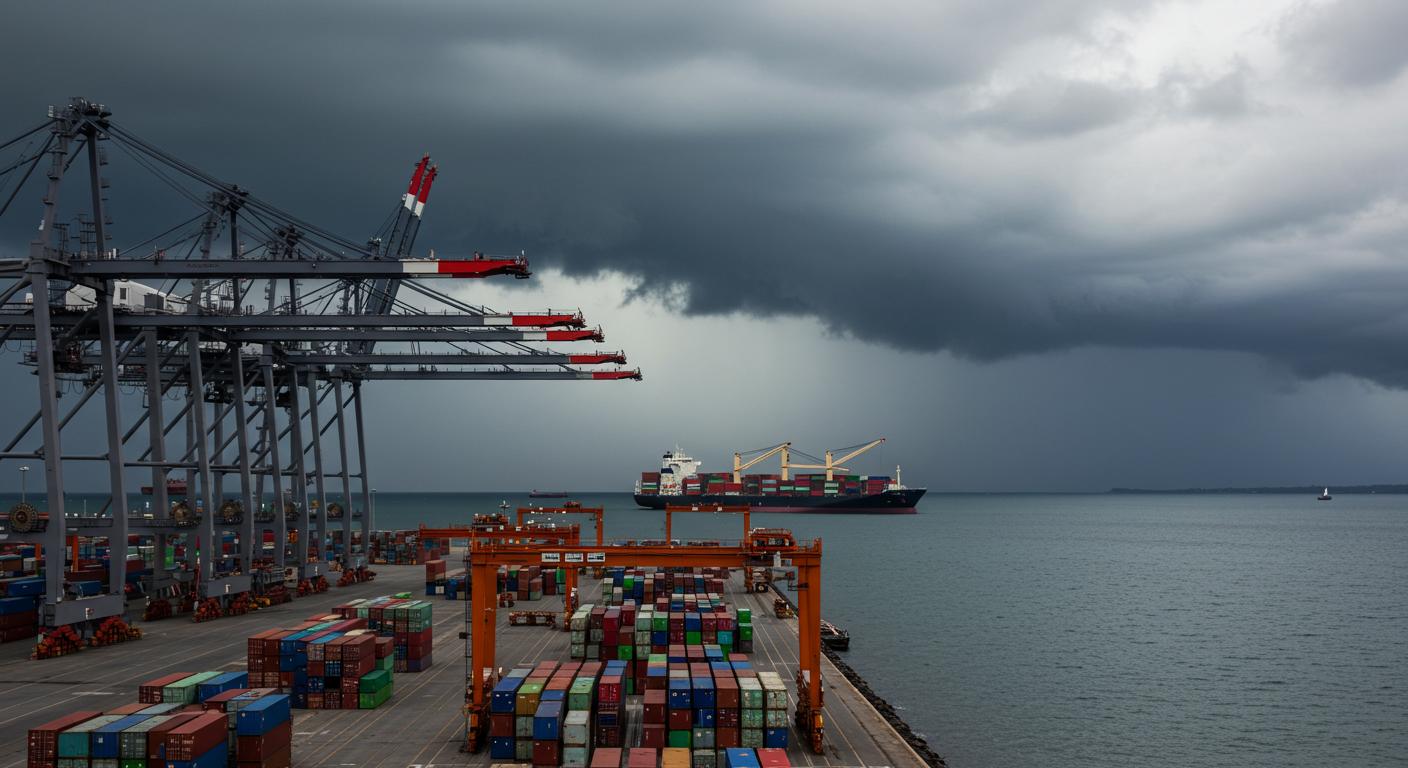 Imagem ilustrativa de um terminal portuário com guindastes e contêineres, sob um céu carregado de nuvens escuras, indicando a aproximação de uma tempestade.