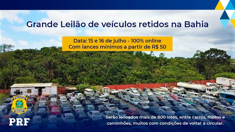 Totalmente on-line, PRF realizará mais um leilão com mais de 800 veículos retidos na Bahia