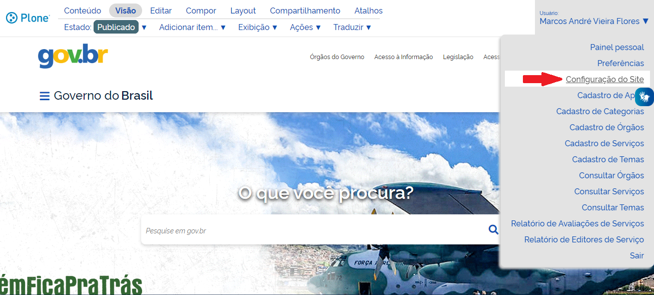 menu configuração do site