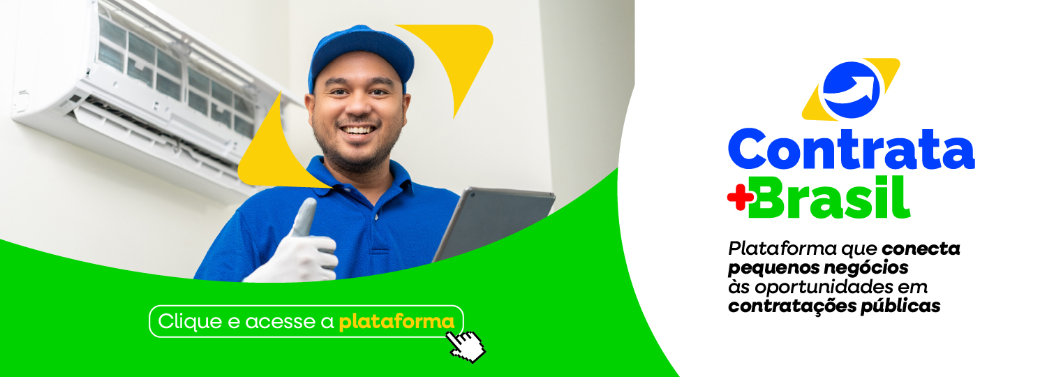 Técnico sorridente sinaliza positivo ao lado do logo da plataforma 'Contrata +Brasil. Clique para acessar a plataforma