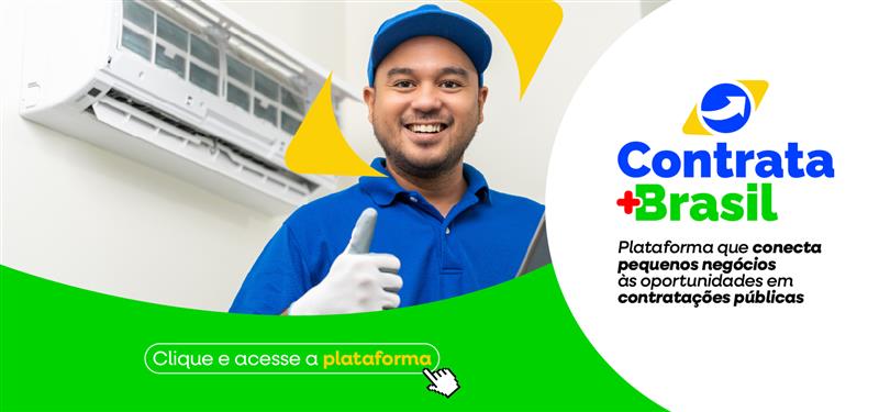 Técnico sorridente sinaliza positivo ao lado do logo da plataforma 'Contrata +Brasil. Clique para acessar a plataforma