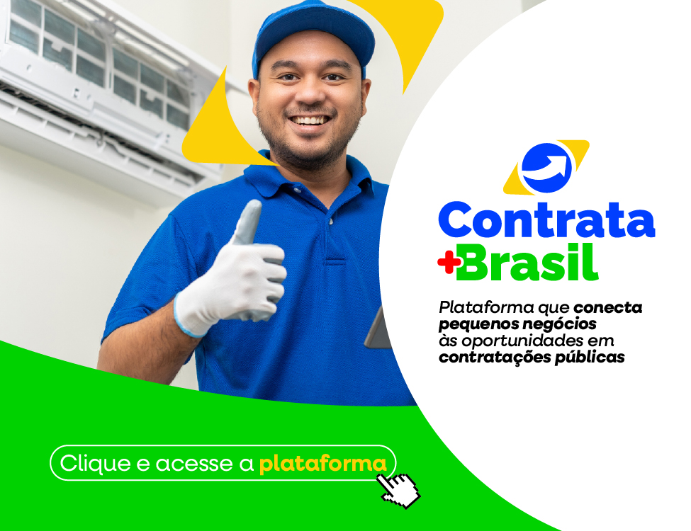 Técnico sorridente sinaliza positivo ao lado do logo da plataforma 'Contrata +Brasil. Clique para acessar a plataforma