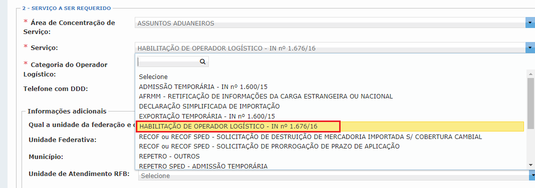 tela do e-cac mostrando como formalizar processo para habilitação de operador logístico