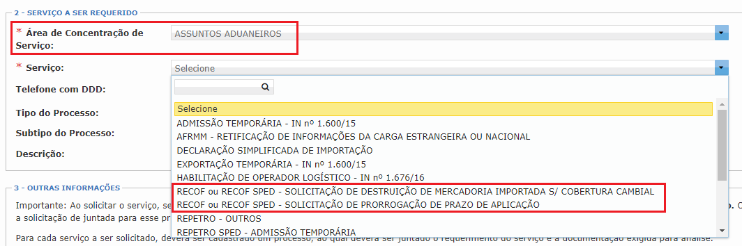 tela do e-cac mostrando como solicitar destruição de mercadoria ou prorrogação de prazo de aplicação do recof