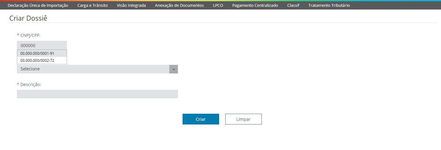 tela 2 criação de novo dossiê CNPJ