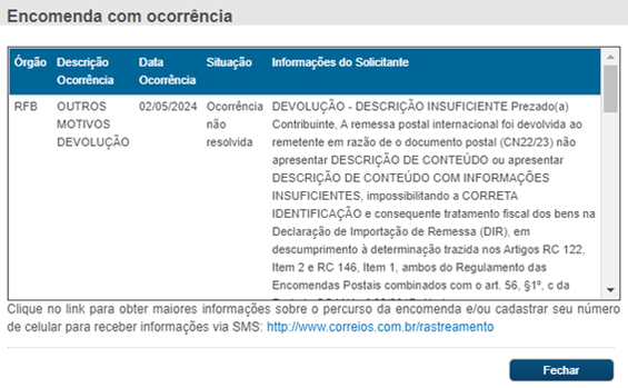 Tela do Minhas Importações com Encomenda com Ocorrência