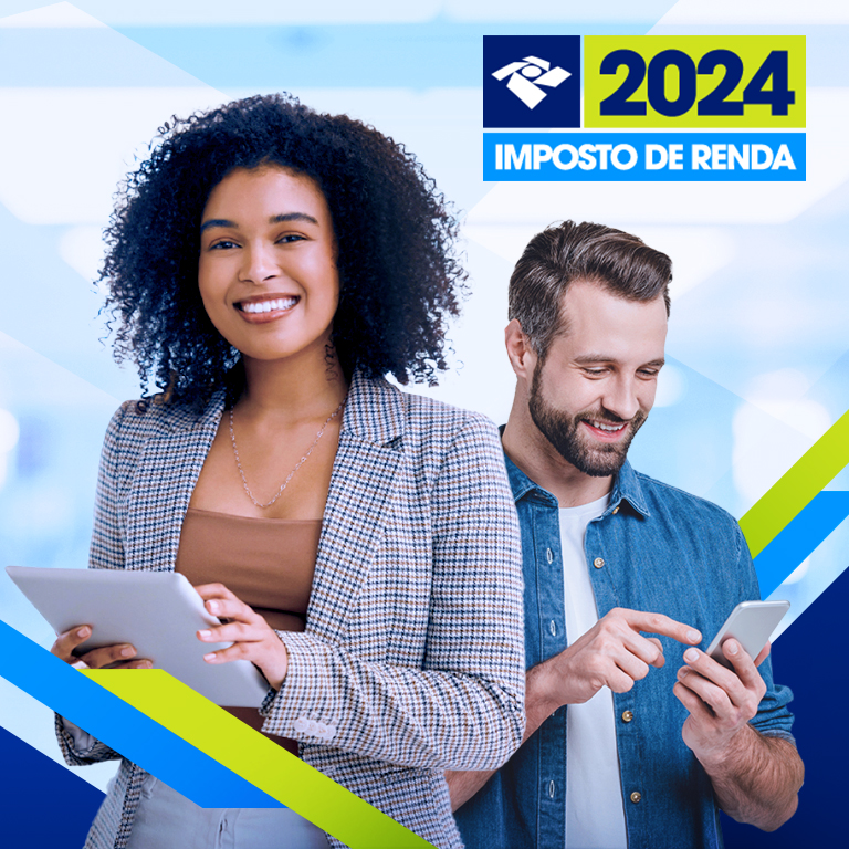 Duas pessoas utilizando dispositivos digitais com o texto "2024 Imposto de Renda", logo da Receita Federal.