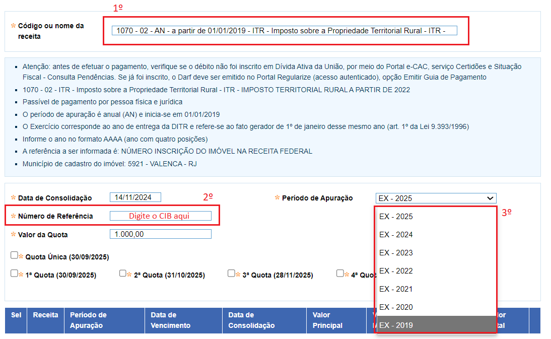 Emissão DARF Numerado ITR