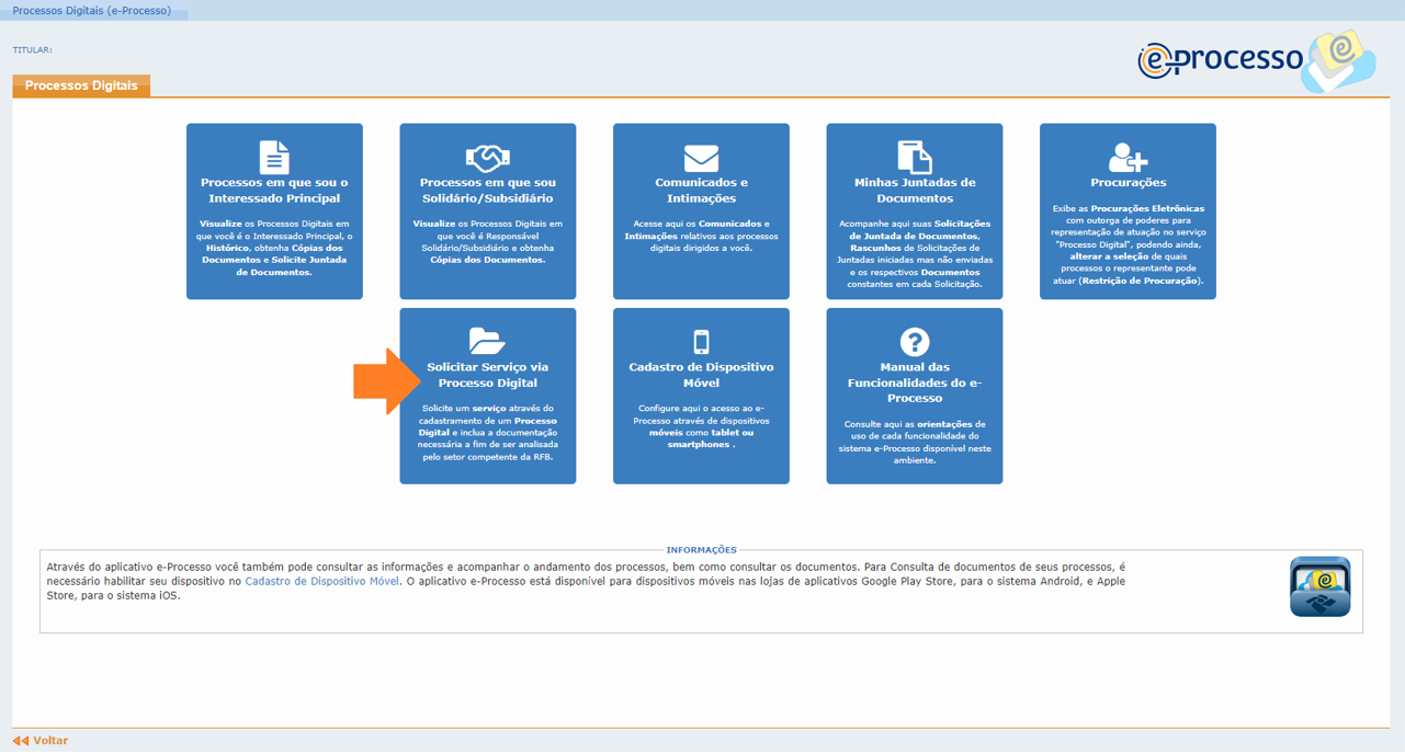 Tela que mostra acesso para Solicitar Serviço via Processo Digital no e-Processo.