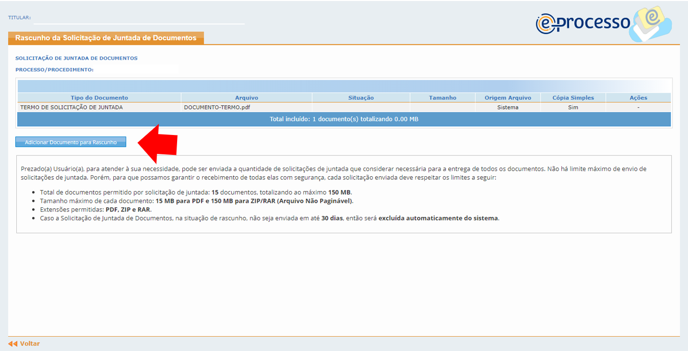 Tela rascunho de solicitação de juntada de documentos ao processo digital.