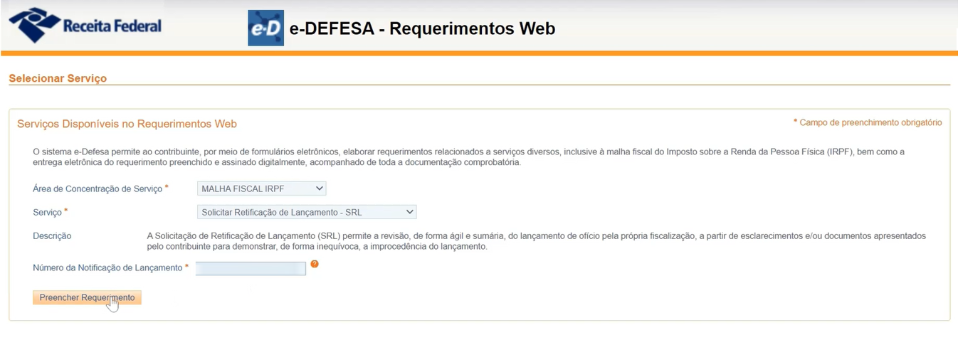 Tela do e-Defesa - Requerimentos Web com serviço Solicitar Retificação de Lançamento - SRL selecionado.