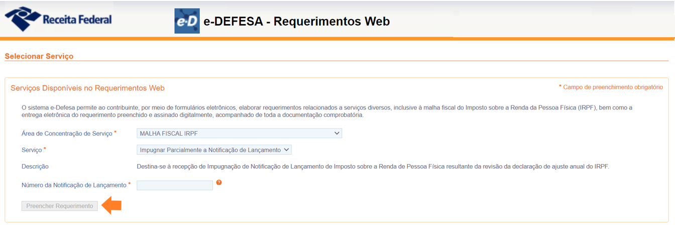 Tela do e-Defesa - Requerimentos Web com serviço Impugnar Notificação de Lançamento selecionado.