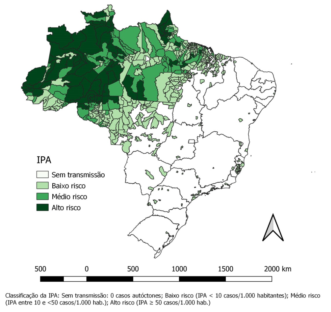 Mapa de risco por município de infecção, Brasil, 2008