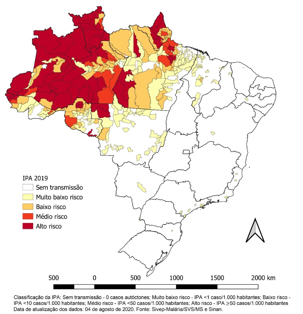 Mapa de risco por município de infecção, Brasil, 2019