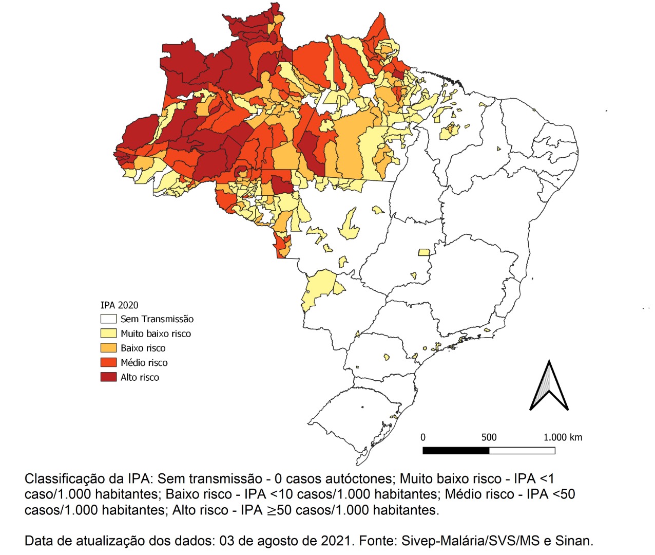Mapa de risco por município de infecção, Brasil, 2020