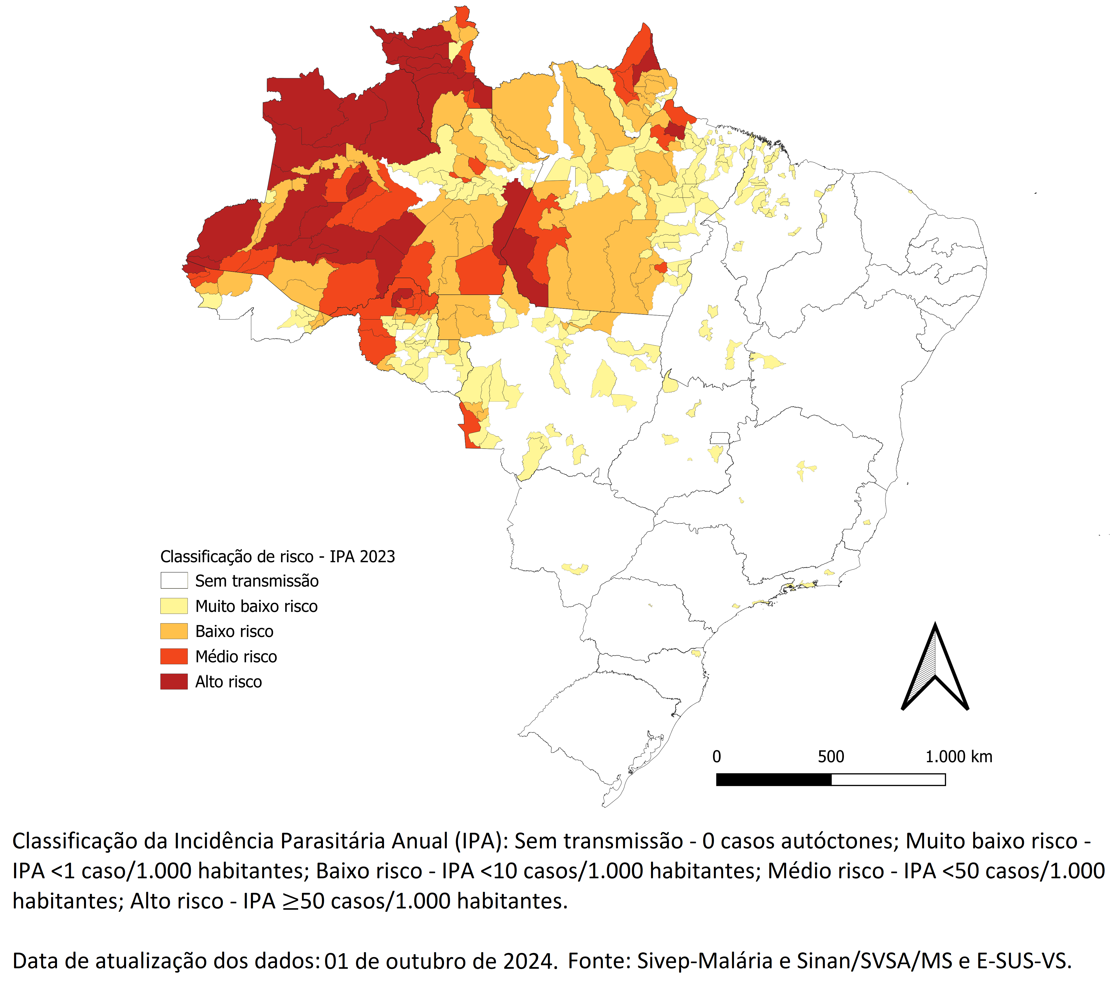 Mapa de risco por município de infecção, Brasil, 2023