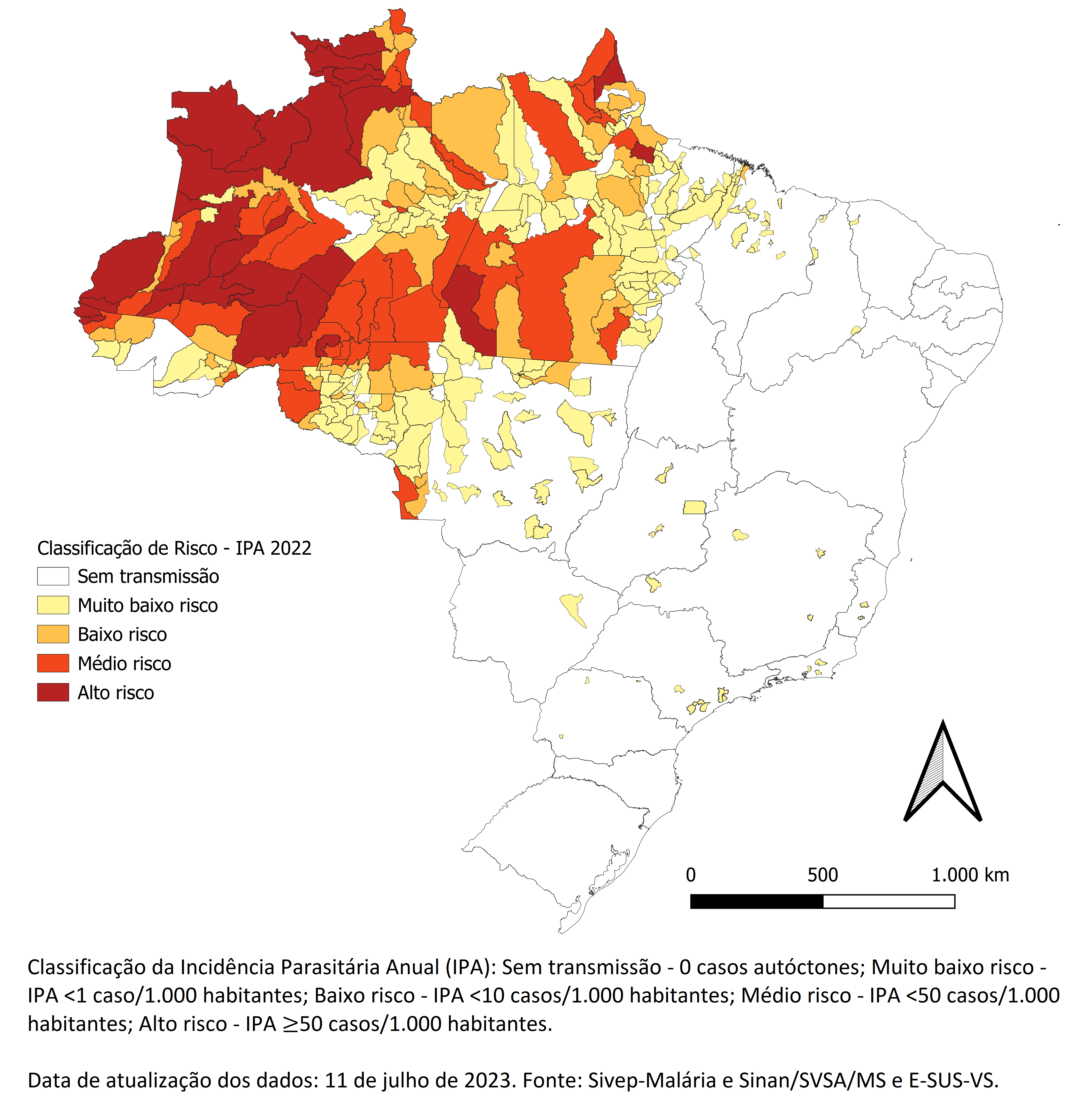 Mapa de risco por município de infecção, Brasil, 2022