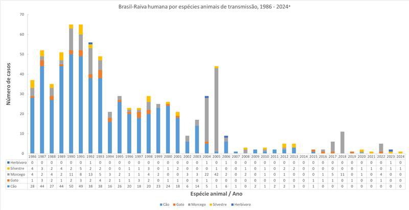 Casos de raiva humana segundo espécie animal agressor, 1986-2024