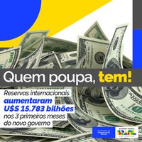 As reservas internacionais brasileiras cresceram 15.783 bilhões de dólares nos 76 primeiros dias de governo