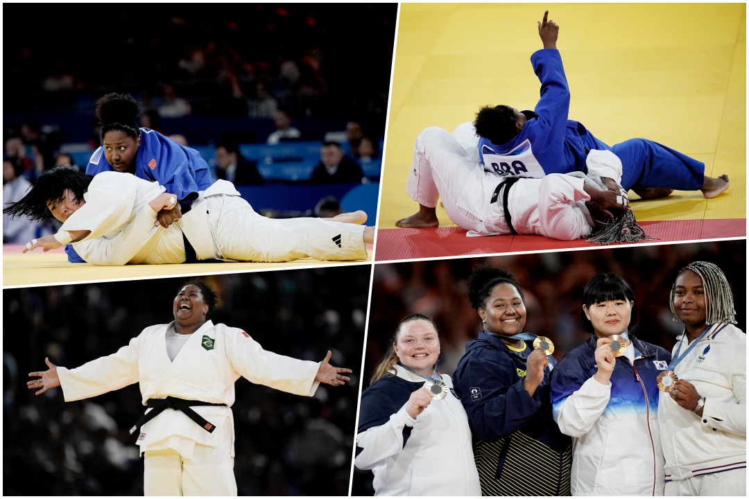 Quatro momentos de Bia em Paris: com a coreana medalhista em Mudnial, contra francesa número um do mundo em casa, celebrando o título contra a israelense e no pódio. Fotos: Alexandre Loureiro / COB