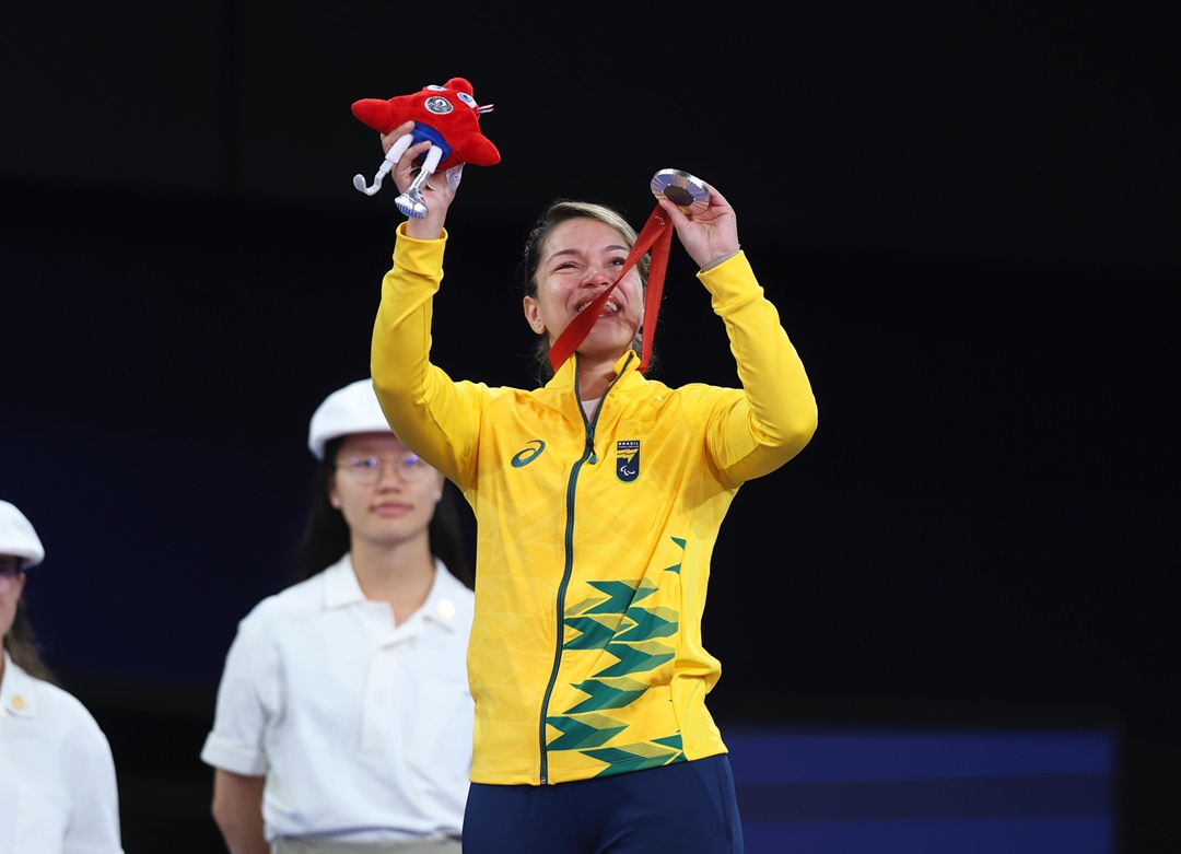 Brenda Freitas on the podium for the under 70kg category of Paralympic judo. Photo: Alexandre Schneider/CPB