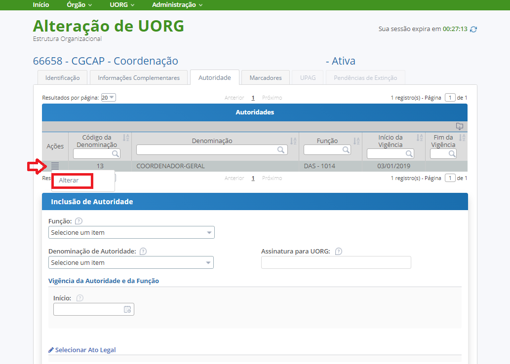 Alteração de Autoridade no EORG